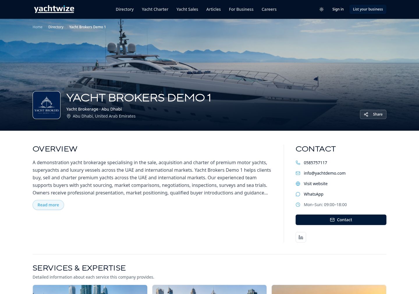 Example brokerage company page on Yachtwize