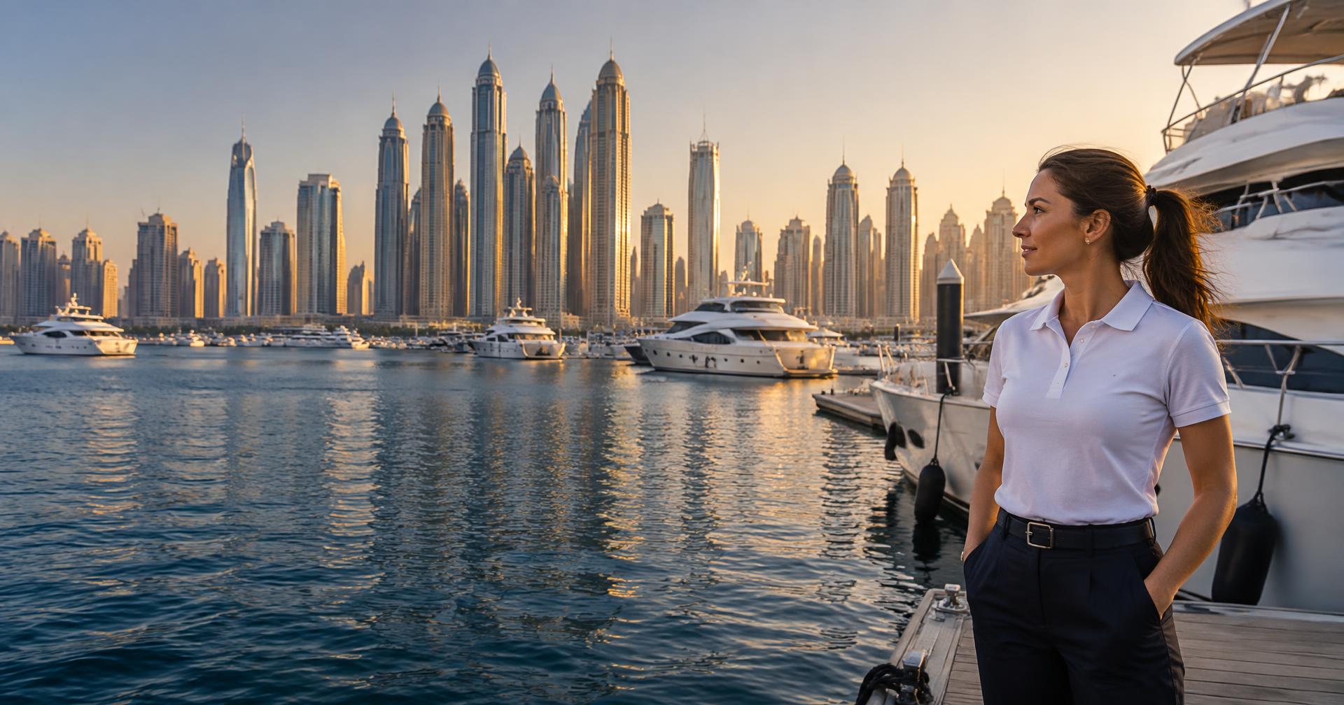 Marine professional overlooking yachts at a Dubai marina