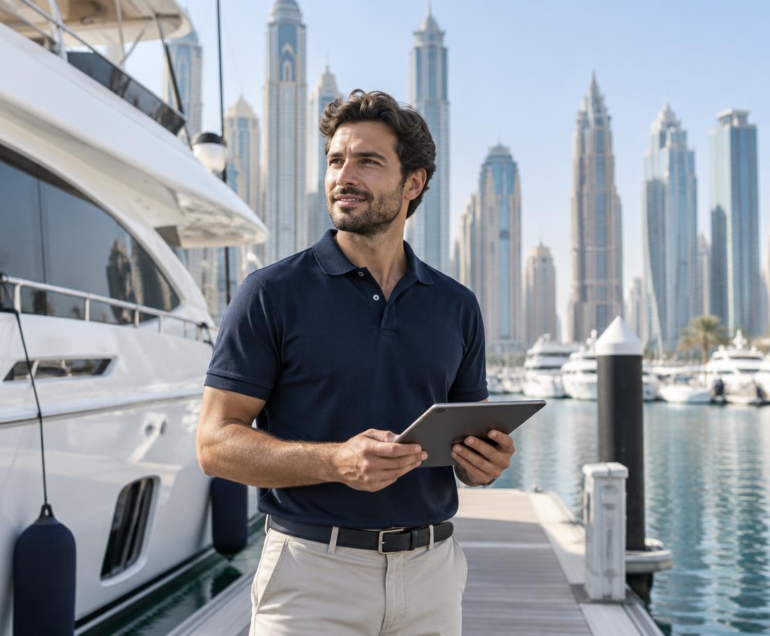Marine professional with a tablet beside a yacht