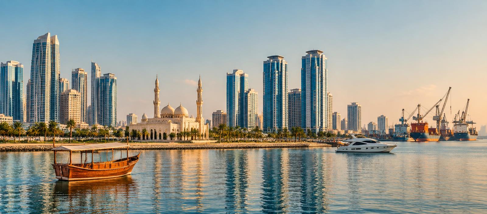 Sharjah waterfront, marina and yachts